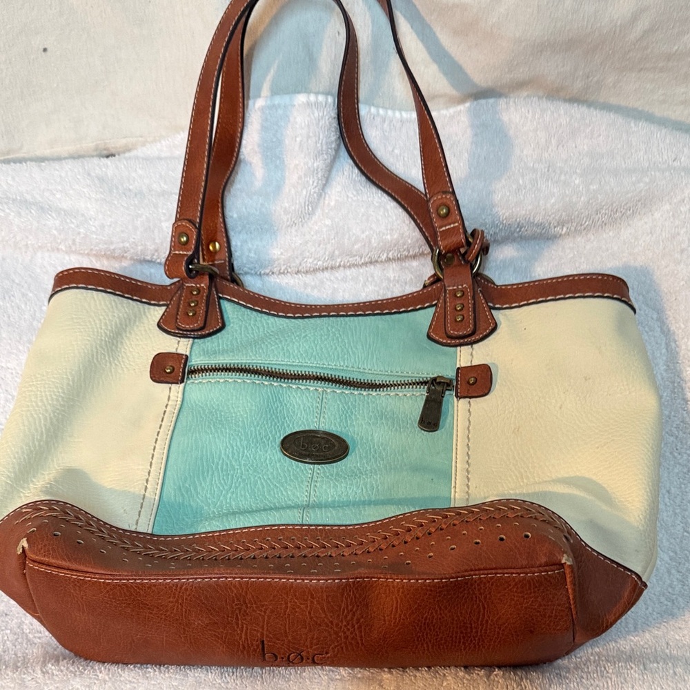 b.o.c. Tan, Cream, and Blue Accent Tote